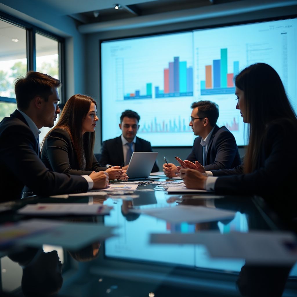 Equipo de asesores financieros en reunión estratégica